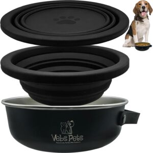 Vebs Pets- Stainless Steel Dog BowL 30 oz, W/Collapsible Bowl Lid 20 oz W/Handle, Leak Proof, Non Slip, Food & Water Pet Bowls for Dogs & Cats, Medium Dogs, Portable Travel Dog Bowl, Black