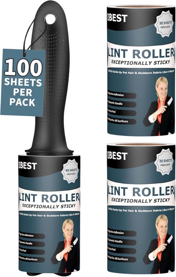 iBest UK Lint Rollers For Pet Hair, Clothes, Carpet | Sticky Flint Fluff Dust Lint Remover | Pack of 3 Reusable Refills (100 Sheets)