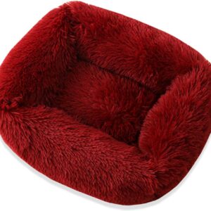 pawstrip Dog Bed, Soft Long Plush Winter Cat Bed, Washable Fluffy Warm Pet Cushion for Cats Puppy Small Medium Dogs, Calming Pet Beds Improved Sleep (S, Wine Red)